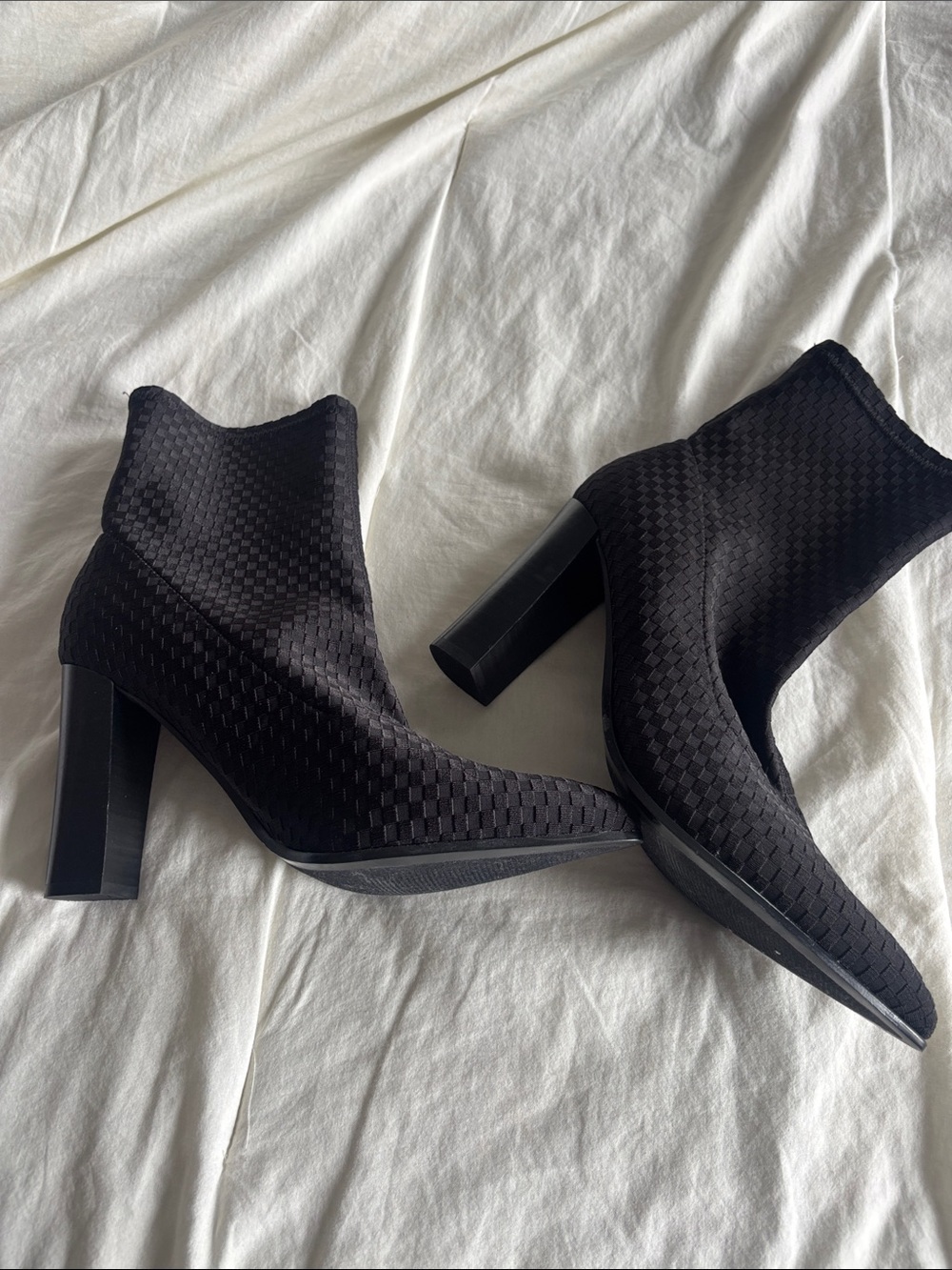 Fergie black stretch checkered heeled boot